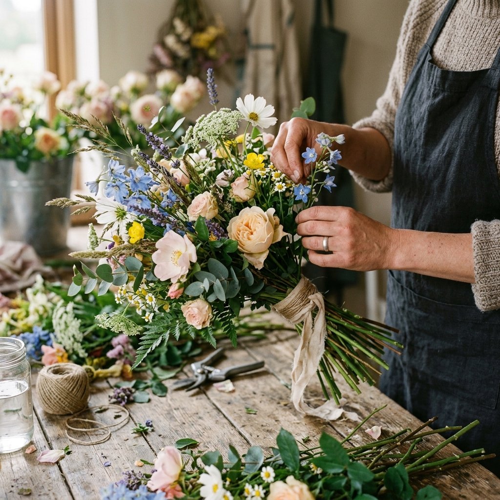 Manos de artesana floral armando un ramo de flores silvestres